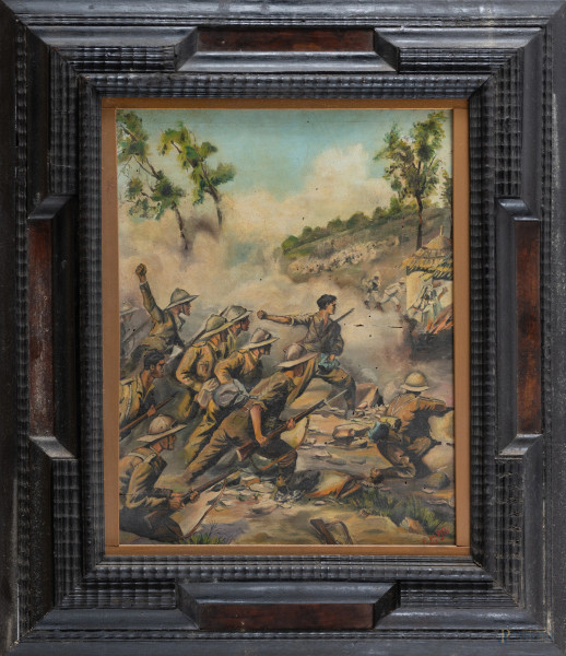 Soldati, olio su compensato, cm 50x37, firmato in basso, entro cornice, (segni di usura, abrasioni, sollevamenti e cadute di colore, fori di tarlo)
