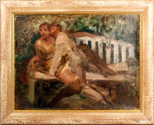 Scena amorosa, olio su tela, cm. 33x43,5, entro cornice.