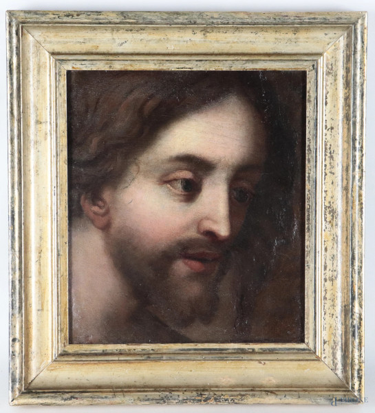 Cristo, XVII -XVIII secolo, olio su tela, cm 28x25, entro cornice, (segni di usura, abrasioni, ondulazioni della tela, difetti)