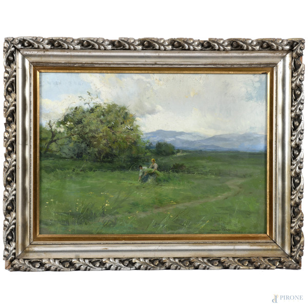 Alberto Carosi, (1891-1957), Al lavoro, olio su tavoletta, cm 32x44, firmato e iscritto "Roma" in basso a destra, entro cornice