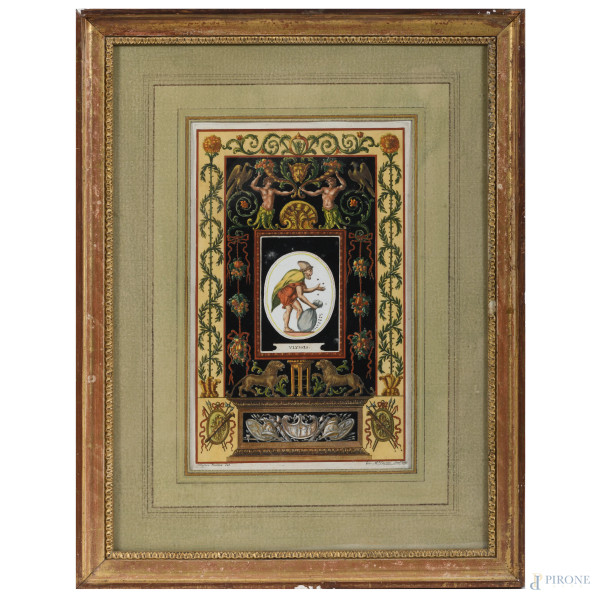 Coppia di incisioni acquerellate raffiguranti grottesche, cm 38x24, entro cornice