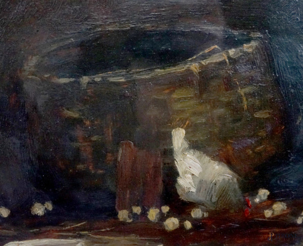 Galline e pulcini, olio su tavola, firmato e datato in basso a destra F. Rontini [19]36, cm 36,7x...