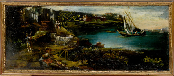 Paesaggio costiero con figure, olio su tela, cm 44x106, entro cornice, (difetti)