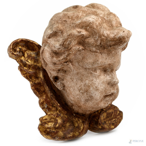 Lotto di due teste di cherubino in cartapesta, XIX e XX secolo, cm 29x28, (segni di usura, difett...