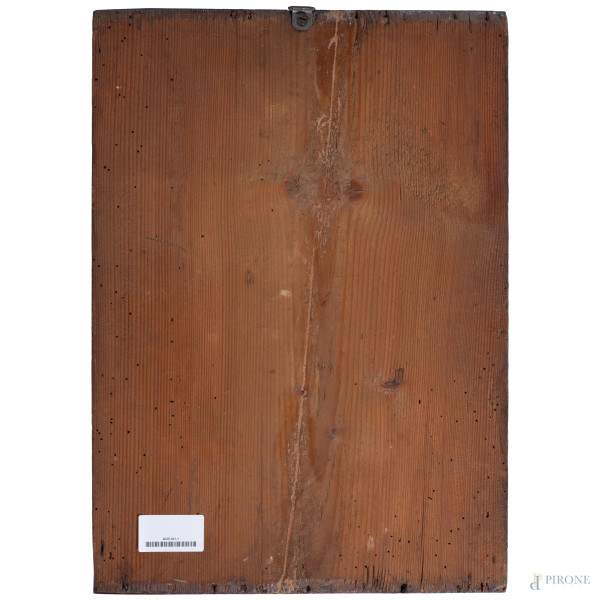 Bassorilievo in gesso smaltato e dipinto raffigurante Sacra Famiglia entro cornice in legno, misu...