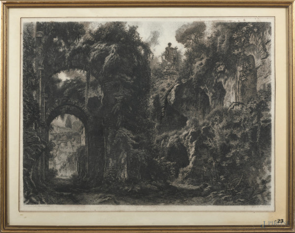 Cesare Biseo (1843-1909), Scorcio con rovine, incisione su carta, cm 59,5x76,5 compreso passepartout, entro cornice, (segni di usura, foxing, tracce di umidità, gore, ondulazioni della carta)