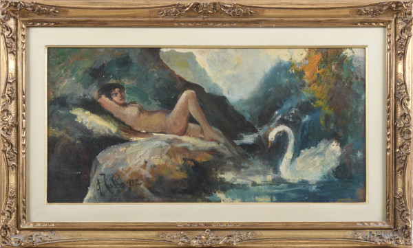 Leda e il cigno, XX secolo, olio su tela applicata su tavola, cm 30x60, firmato in basso a sinistra, entro cornice