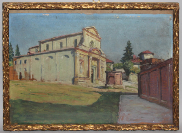 Esterno di chiesa, olio su tela, 24x34, entro cornice firmato Angelo Abrate