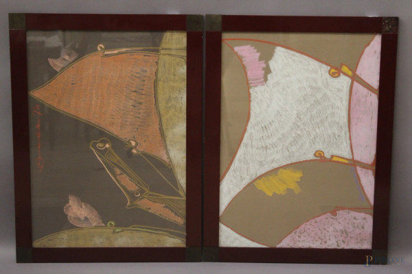 Astratti, coppia di pastelli su carta firmati, cm 50 x 70, entro cornici.