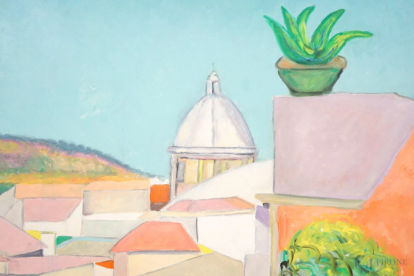 Tetti di Roma, olio su tela, cm 100x90, firmato Cesetti, entro cornice.