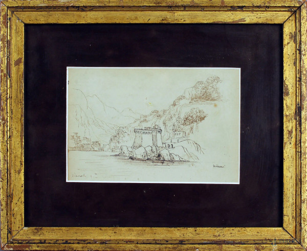 Achille  Vianelli - Costiera amalfitana, china su carta, cm. 12x18, entro cornice, (bozzetto a tergo).