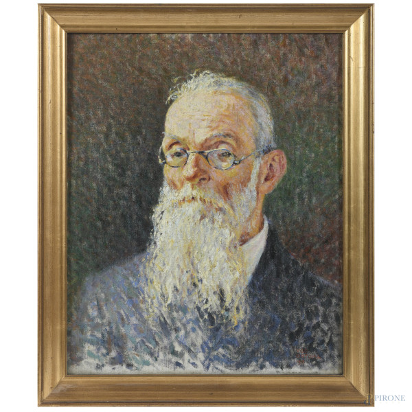 Ritratto di uomo con barba e occhiali, olio su tela, cm 55x45, firmato e datato in basso a destra "Ugo Ortona, 1918", entro cornice