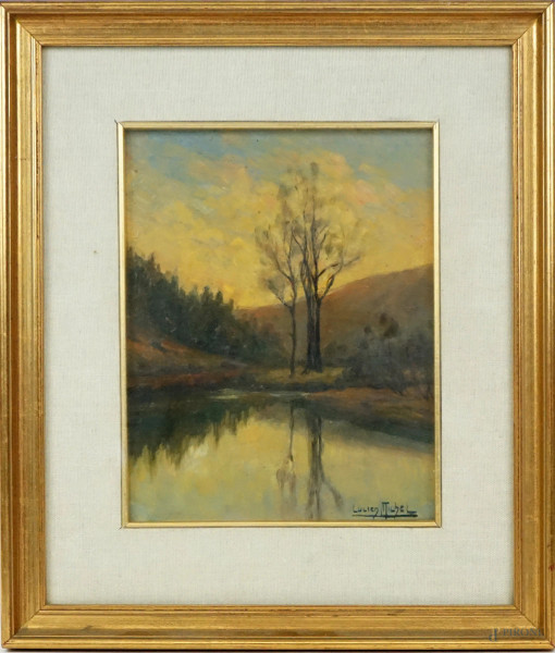 Paesaggio fluviale con albero, olio su cartone telato, cm 23x18 circa, firmato Lucien Michel, entro cornice.