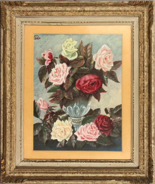 Vaso con fiori, olio su tavola, cm. 42x33, firmato Vallese, entro cornice.