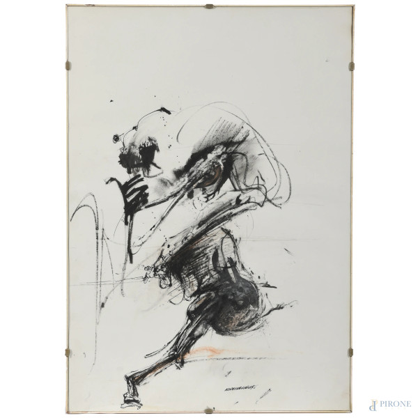 Marino Haupt (1942-2004), Senza Titolo, tecnica mista su carta, cm 70x49, firmato in basso, entro cornice, (lievi segni di umidità)