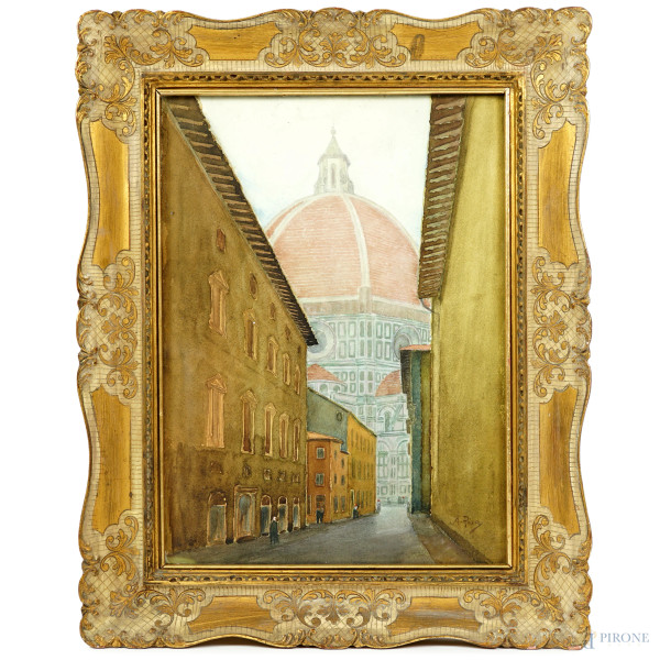 La cattedrale di Santa Maria del Fiore da Via dello Studio, acquerello su carta, firmato, cm 38x28, entro cornice