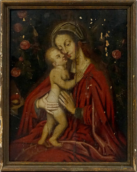 Pittore fiammingo del XVII secolo, Madonna col Bambino, olio su tavola, cm 64x49,5, entro cornice, (difetti)