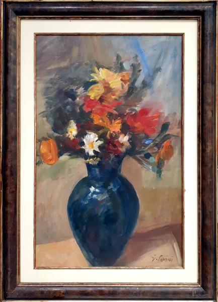 Artista dei primi del Novecento, Vaso con fiori, olio su tavola, cm 60x37, con cornice, firmato