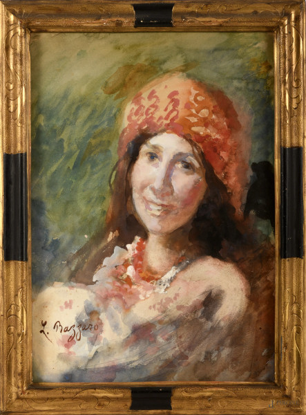 Popolana, acquerello su carta, cm 55x39, entro cornice firmato in basso a sinistra, (difetti)