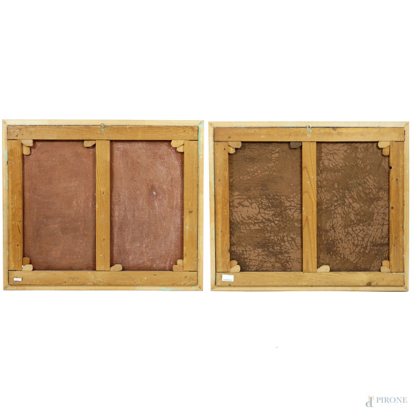Pittore veneziano del XIX-XX secolo, quattro paesaggi con figure, olio su tela, cm 79,5x94, entro...