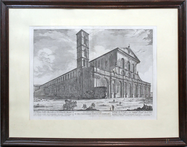 Stampa raffigurante "Veduta della Basilica di S.Paolo fuori delle mura eretta da Costantino Magno", cm 58x76, inventore Jean Barbault (1705-1766), disegnatore Freicenet (1725-1774), entro cornice.