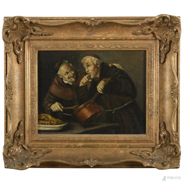 Frati, XX secolo, olio su tela, cm 20,5x26, entro cornice, (segni di usura)