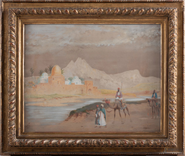 Scorcio di paesaggio arabo, XX secolo, tecnica mista su carta, cm 52,5x67, firmato e datato 1900 in basso a sinistra, entro cornice, (segni di usura del tempo, piccola lacerazione, ondulazioni della carta, ossidazione)