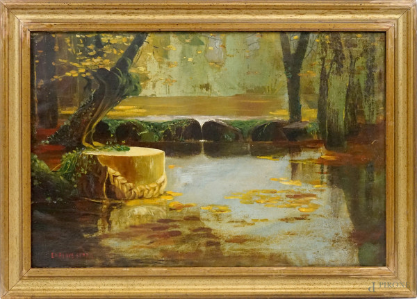 Paesaggio lacustre, olio su tela, cm 47x73, firmato, entro cornice, (difetti)