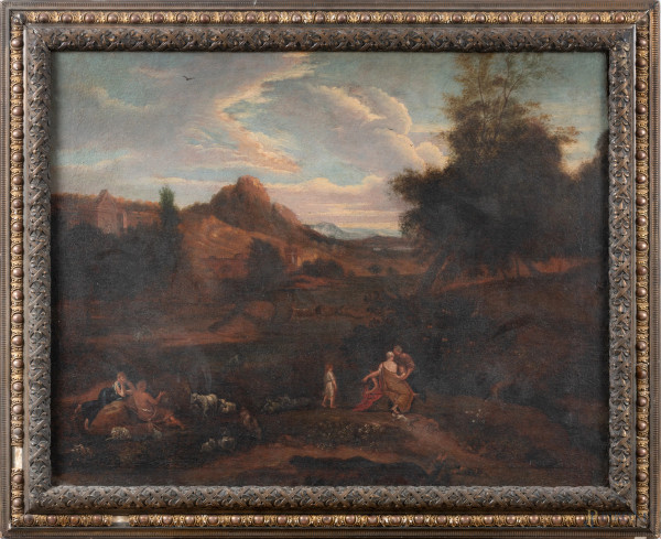 Paesaggio con figure e armenti, XVIII-XIX secolo, olio su tela, cm 65x82, (segni di usura, craquelure)
