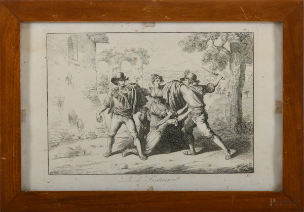 Lotto di 24 incisioni di Bartolomeo Pinelli, cm 23x36 entro cornice, (difetti, gore e tracce di u...