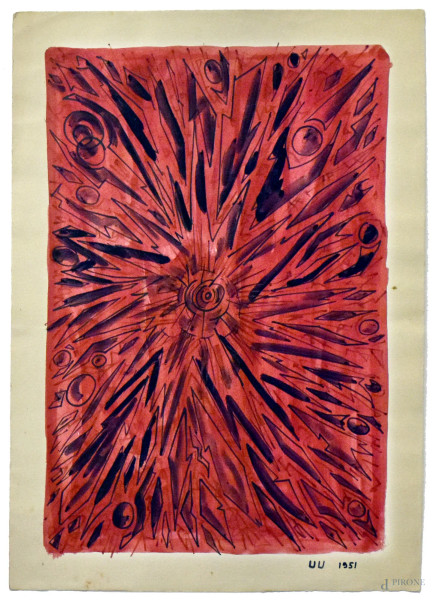 Artista del Novecento, Composizione astratta in rosso e nero, tecnica mista su carta, cm 35x25, siglato e datato 1951.