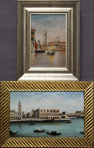 Lotto di due dipinti ad olio su tavola raffiguranti scorci di Venezia, misura max 39x24 in cornici