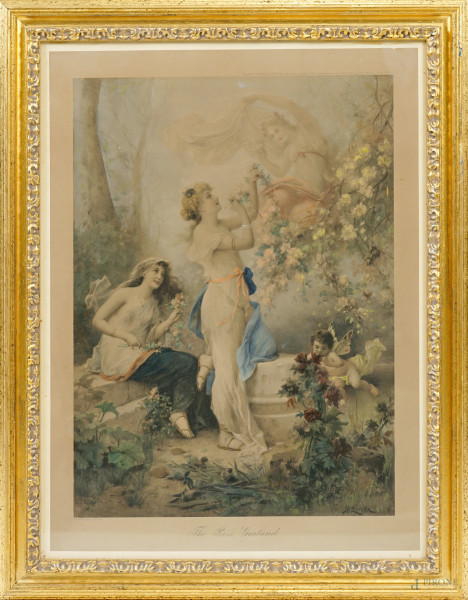 Stampa a colori da Hans Zatzka, "The Rose Garland", cm 63X46,5 con passepartout, entro cornice, (difetti)