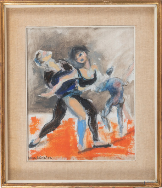 Anna Salvatore (1923 – 1978), Danzatori, olio su tela, cm 29x23,5, firmato in basso a sinistra, entro cornice