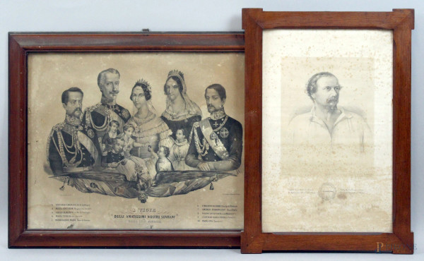 Lotto di due stampe del XIX secolo raffiguranti Ciceruacchio e la famiglia Savoia, misure max cm 40x53,5, entro cornici, (difetti)