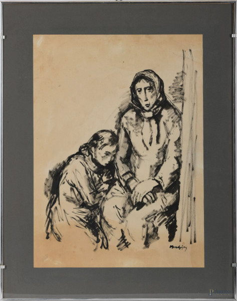 Maurice Mendjisky, Anziana con bambina, XX secolo, pennarello su carta, firmato in basso a destra, cm 64x50 compreso passepartout entro cornice, (ondulazioni e piegature della carta, piccolo foro in alto)