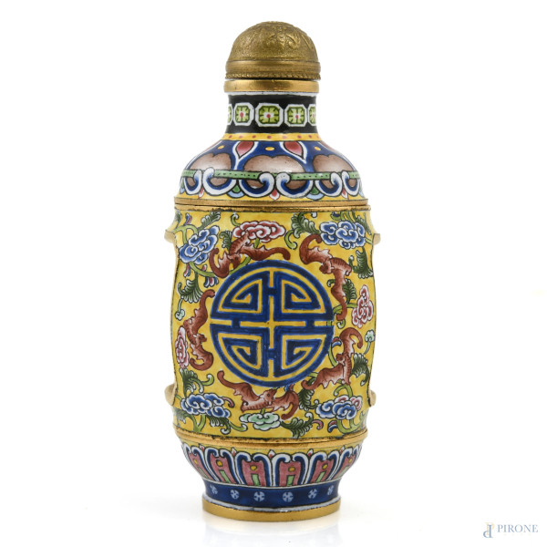 Porta medicamento in bronzo smaltato, fine XIX secolo, altezza cm 7
