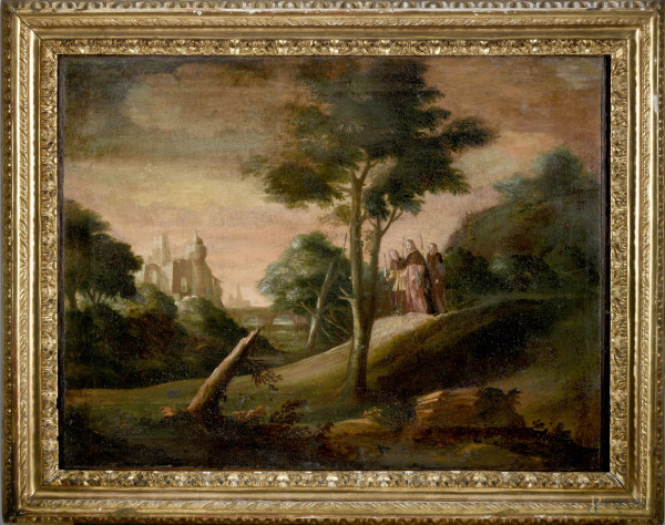 La processione, XVIII secolo, olio su tela, cm 75x98 entro cornice di  manifattura romana del XVII secollo, (difetti)