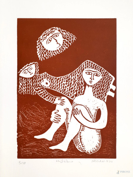 Hassan, Figure, 1976, linoincisione calcografica su carta, esemplare 5/10, cm 50x35, firma titolo, numerazione e data, eccellenti condizioni di conservazione