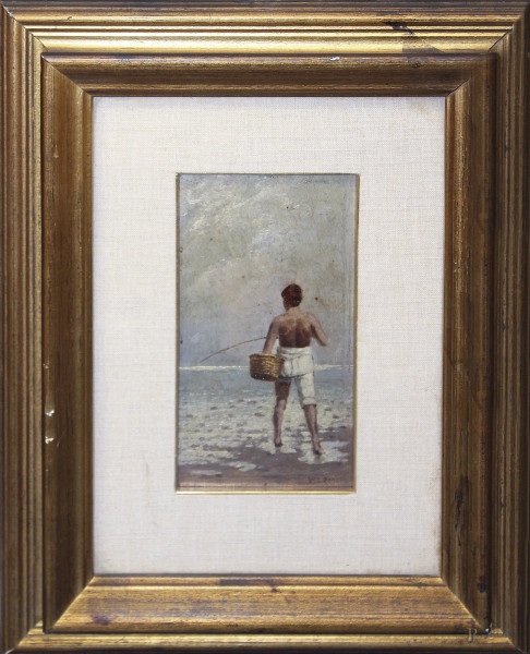 Pescatore con cesta, olio su tavola 9x18 cm, entro cornice firmato.