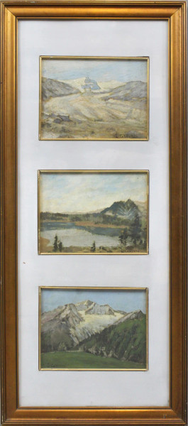 Tre paesaggi, olio su faesite, cm. 14x18, firmati, entro un&#39;unica cornice.