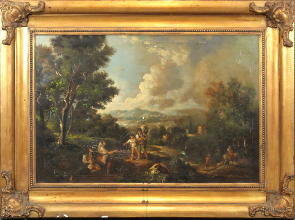 Paesaggio con figure, olio su tela, cm. 60,5x90, firmato, entro cornice, (piccole cadute di colore).