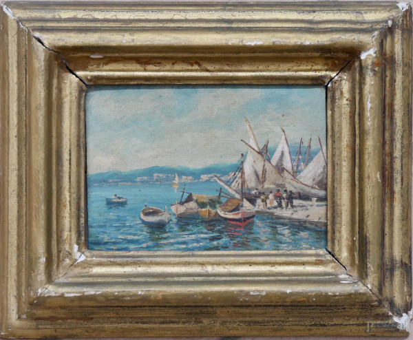 Marina con barche e figure, dipinto a olio su tavola, cm 18x14, in cornice, firmato a tergo