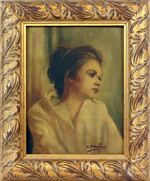 Ritratto di ragazza, olio su tavola, cm 23x18, firmato G.D'Agostino, entro cornice.