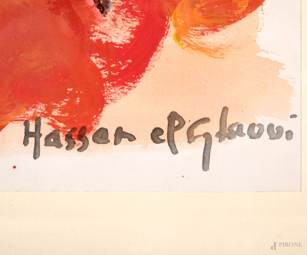 Hassan El Mezouari El Glaoui ( 1923 - 2018), Cavalieri, tecnica mista su carta, firmato in basso ...