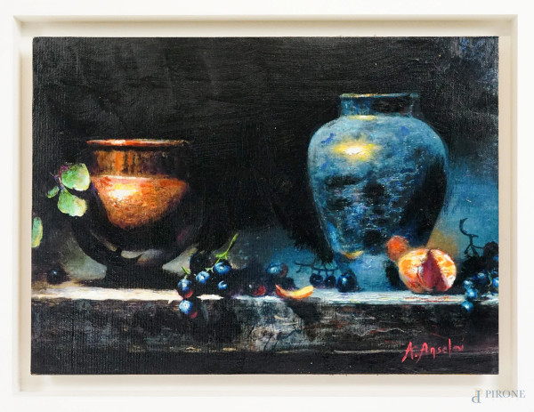 Andrea Anselmi - Natura morta, olio su tela, cm 29,5x40,5, entro cornice.