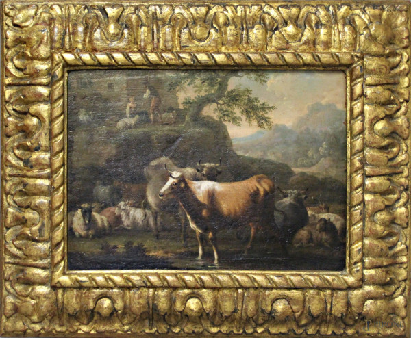 Scuola Italiana del XVII sec., Paesaggio con armenti e pastori, olio su tela, cm 30,5 x 42, entro cornice.