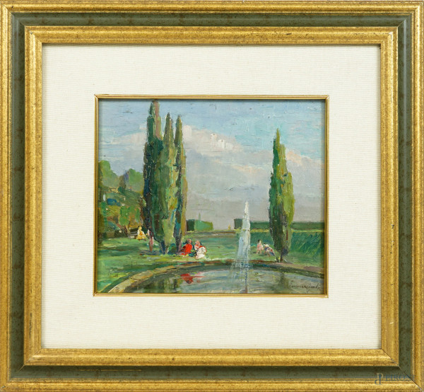 Parco con figure, olio su tavola,  firmato, cm  20,5x23,5, entro cornice