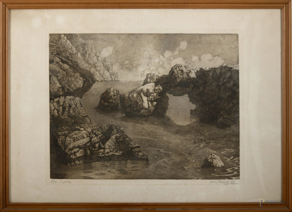 Scogliera, incisione (6/50), firmata e datata "1930", in basso a destra, cm 58,5x81,5, entro cornice, (difetti)