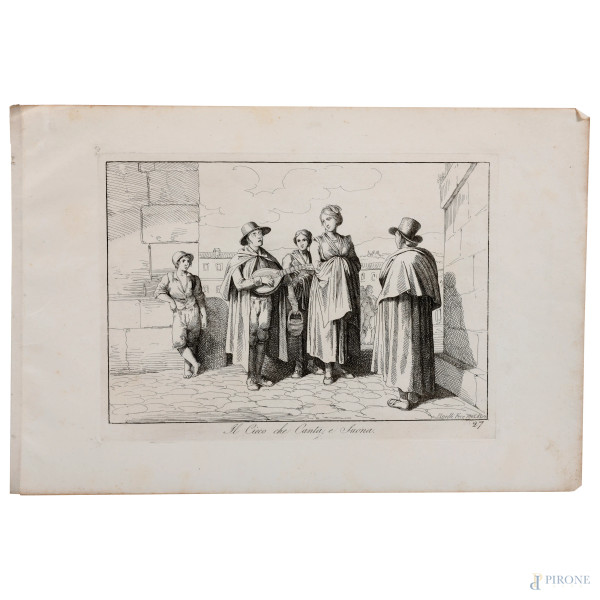 Bartolomeo Pinelli (1781 – 1835) Coppia di acqueforti raffiguranti "Famiglia indigente" e "Il cie...